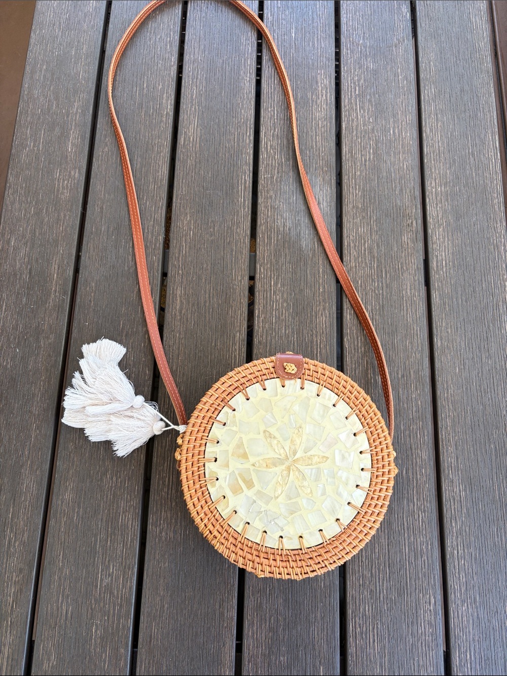Woven Round Crossbody Bag with Mother-of-Pearl Inlay - Cream/Brown